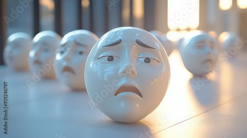 collection of white, expressionless face sculptures, with one showing a distressed emotion.