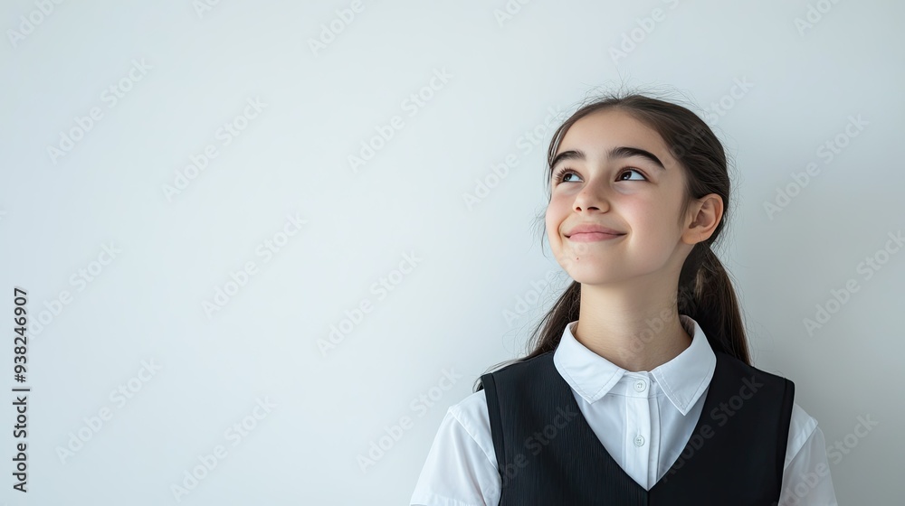 Happy student in school uniform, standing against a white background, leaving space for educational messages. - Happy student in school uniform, standing against a white background, leaving space for educational messages. -