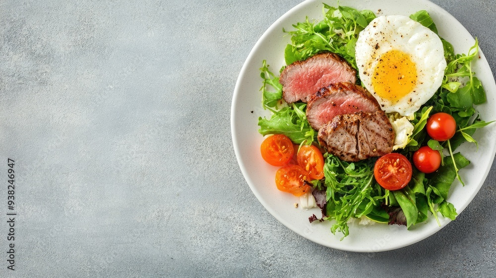 Healthy and balanced meal with lean proteins on a plate, captured with a clean background and ample copy space. Healthy and balanced meal with lean proteins on a plate, captured with a clean background and ample copy space.