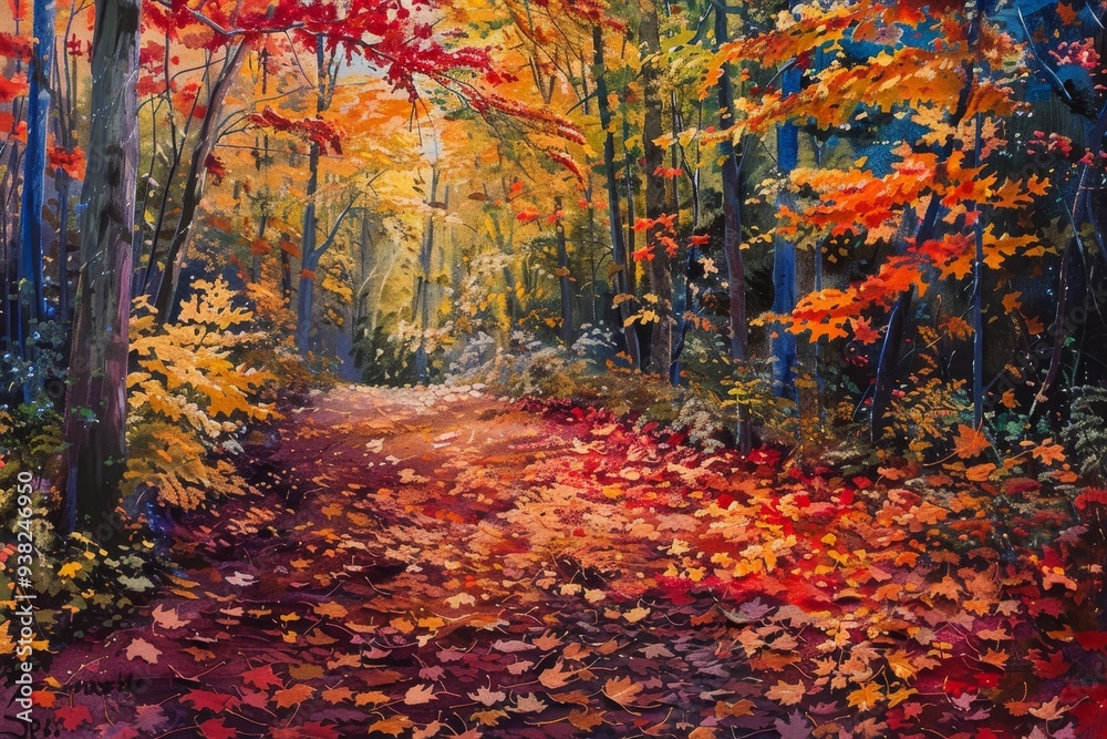 painting of path in the woods, colorful autumn landscape with leaves falling painting of path in the woods, colorful autumn landscape with leaves falling