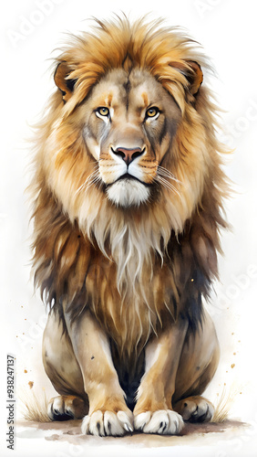 Male African lion with thick shaggy mane, relaxed on pure white studio set, depicted in detailed watercolor with minimal splash. Ideal for printing.