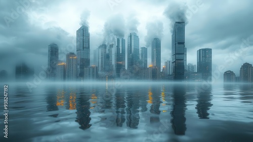 apocalyptic cityscape submerged in rising floodwaters skyscrapers emerge like islands reflecting ominous storm clouds