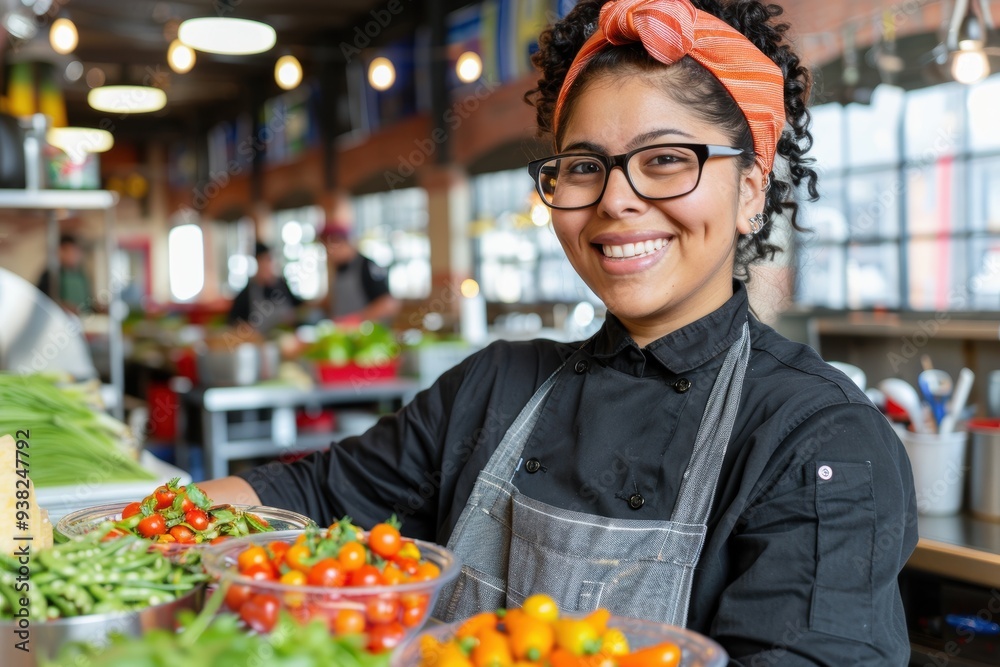Fototapeta premium Smiling Latina chef preparing fresh vegetables in a modern kitchen.