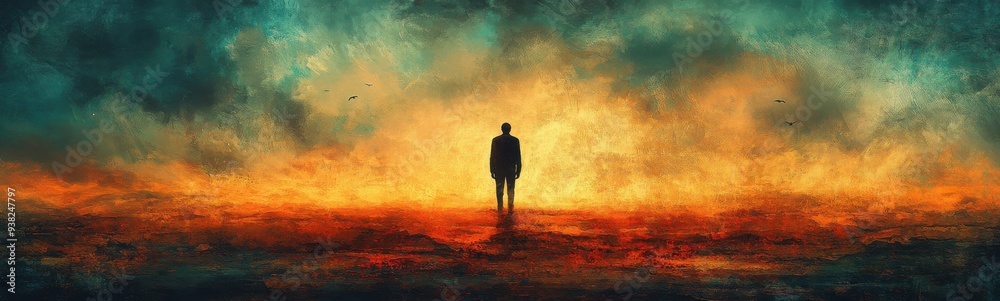 Painting of a person standing alone in a field with a sky background, travel concept, banner, copy space Painting of a person standing alone in a field with a sky background, travel concept, banner, copy space