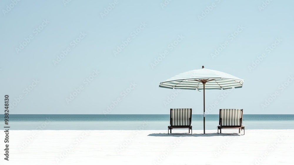 Obraz premium Minimalist image of a striped beach umbrella with two lounge chairs on white sand, against a plain background. -