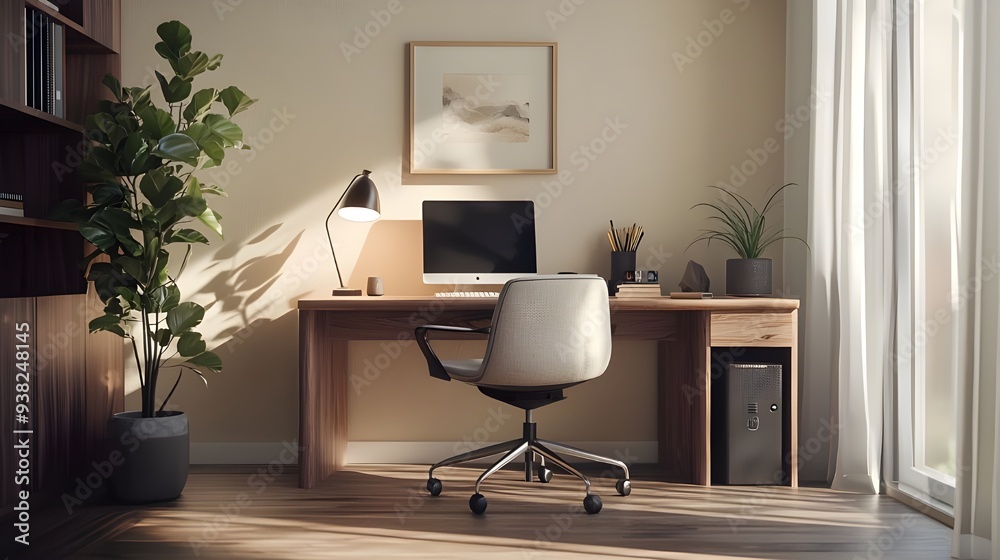 Fototapeta premium Chic home office with a sleek desk, an ergonomic chair, and a minimalistic desk lamp.