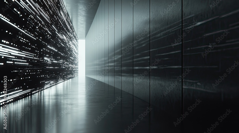 Obraz premium Minimalist representation of a firewall with streams of data passing through safely, set on a monochromatic background.
