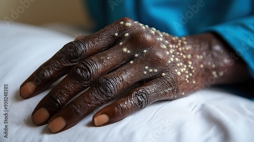 Close-up of a hand with skin condition. Monkeypox virus infection