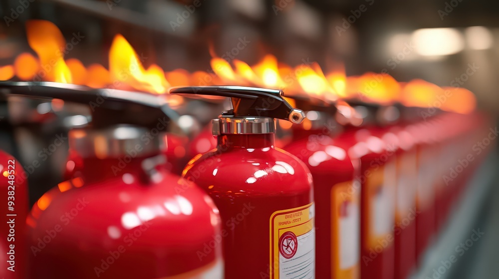 Row of fire extinguishers with flames, used for safety training. Row of fire extinguishers with flames, used for safety training.
