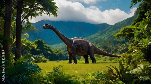 Wallpaper Mural A majestic Diplodocus dinosaur stands tall in the lush greenery of the Jurassic Park, its vibrant colors and playful demeanor adding a touch of whimsy to the prehistoric landscape. Torontodigital.ca