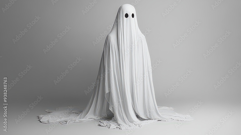 Simple ghost costume with eye holes in a white sheet against a plain background. Simple ghost costume with eye holes in a white sheet against a plain background.