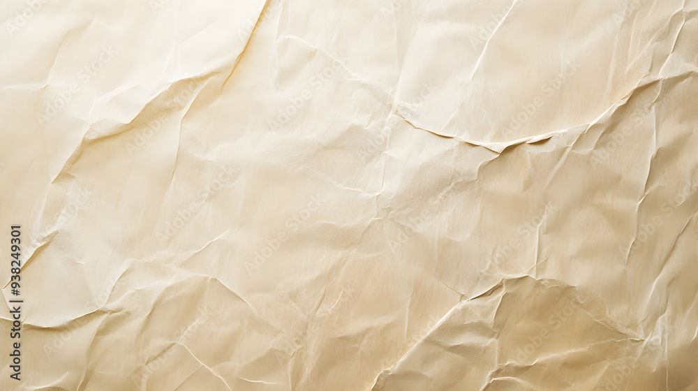 Obraz premium Close-up of crumpled beige paper with soft lighting and a textured surface.