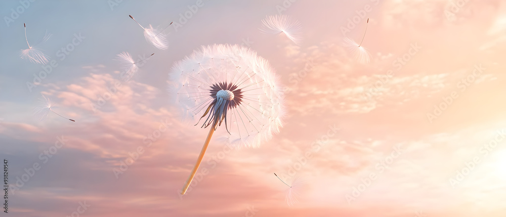 Naklejka premium Dandelion seeds floating in the sky at sunset.