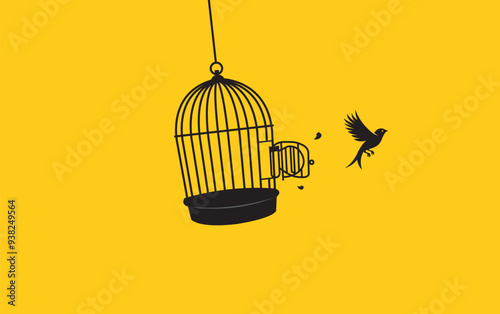 illustration of little bird flying out of open birdcage, surreal freedom motivational concept.