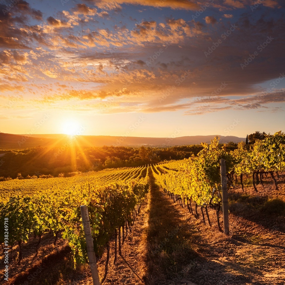 Fototapeta premium Stunning Sunset Over Picturesque Vineyard with Grapevines and Warm Golden Light