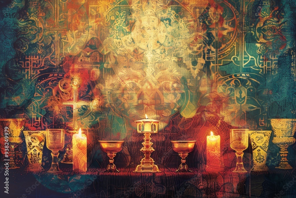 painting of table with candles and painting of woman, digital collage of religious symbols associated with communion painting of table with candles and painting of woman, digital collage of religious symbols associated with communion