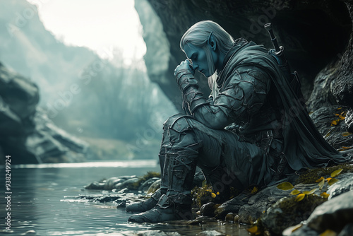 pensive drow warrior sitting by a peaceful stream in a secluded rocky valley