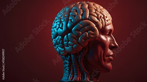 A human brain head and face of a deep crimson background deep thinking and powerful ideas bold and intellectual concepts