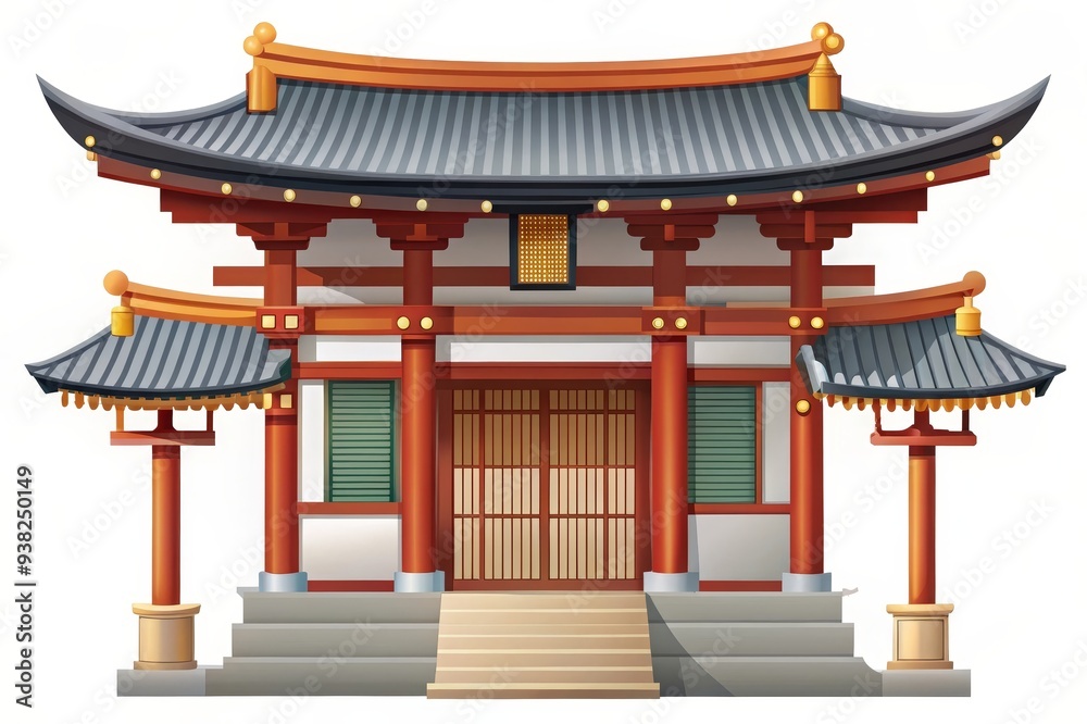 Obraz premium Traditional Japanese Temple Architecture with Curved Roof and Lantern - A traditional Japanese temple with a curved roof, lantern, and ornate details symbolizing peace, spirituality, culture, traditio