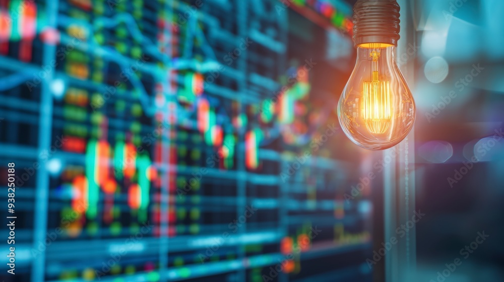 A glowing light bulb in the foreground with a blurred stock market chart in the background. A glowing light bulb in the foreground with a blurred stock market chart in the background.