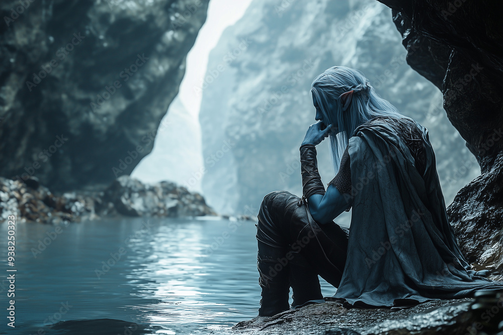 contemplative drow warrior resting by a calm river in a tranquil mountain gorge contemplative drow warrior resting by a calm river in a tranquil mountain gorge