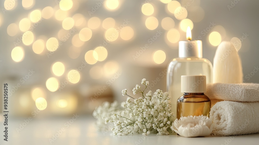 Spa essentials arranged on a white background with elegant bokeh lighting, evoking relaxation and beauty. Spa essentials arranged on a white background with elegant bokeh lighting, evoking relaxation and beauty.