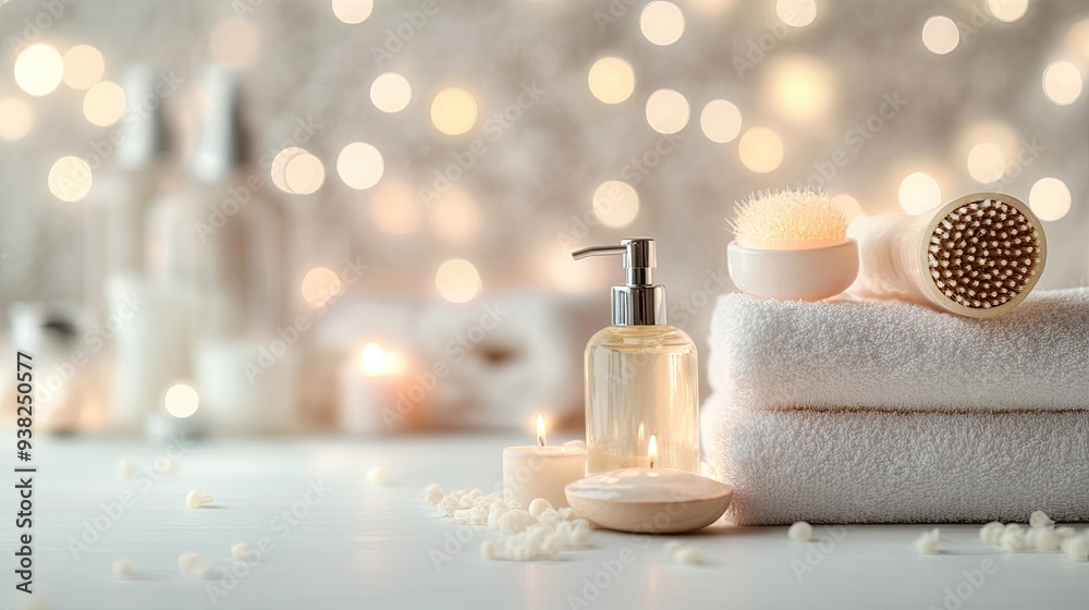 Spa essentials arranged on a white background with elegant bokeh lighting, evoking relaxation and beauty. Spa essentials arranged on a white background with elegant bokeh lighting, evoking relaxation and beauty.