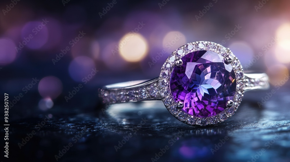 Sparkling amethyst ring captured from a low angle, with mystical lighting emphasizing its elegance and brilliance. Sparkling amethyst ring captured from a low angle, with mystical lighting emphasizing its elegance and brilliance.