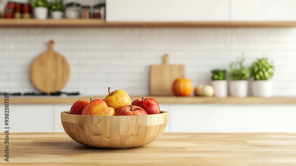 A sleek kitchen with minimalist style, featuring fall decorations like a wooden bowl of apples and pears and a small pumpkin on the counter. The look is stylish and clean. A sleek kitchen with minimalist style, featuring fall decorations like a wooden bowl of apples and pears and a small pumpkin on the counter. The look is stylish and clean.