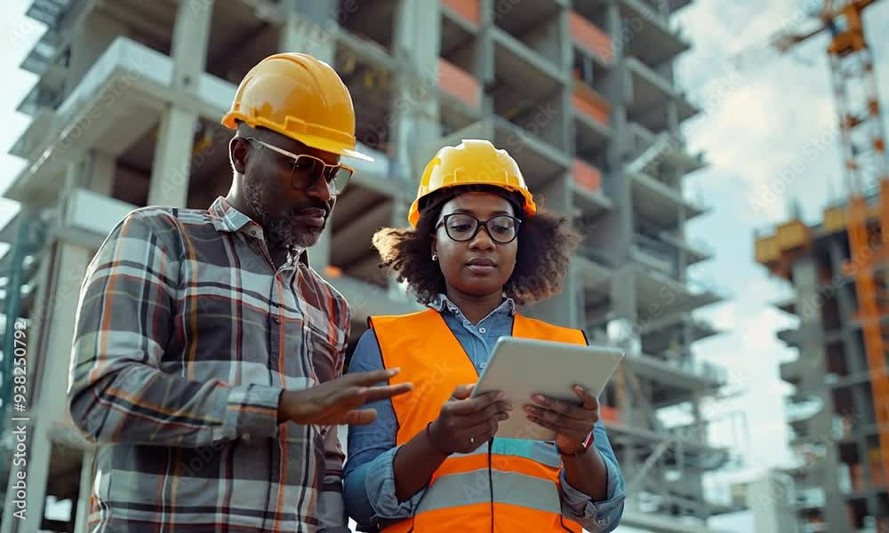 Two construction workers wearing hardhats and safety vests stand in front of a building under construction Two construction workers wearing hardhats and safety vests stand in front of a building under construction