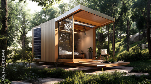 Sustainable Temporary Housing Unit with Solar Panels and Garden, Nestled in Natural Picturesque Surroundings.