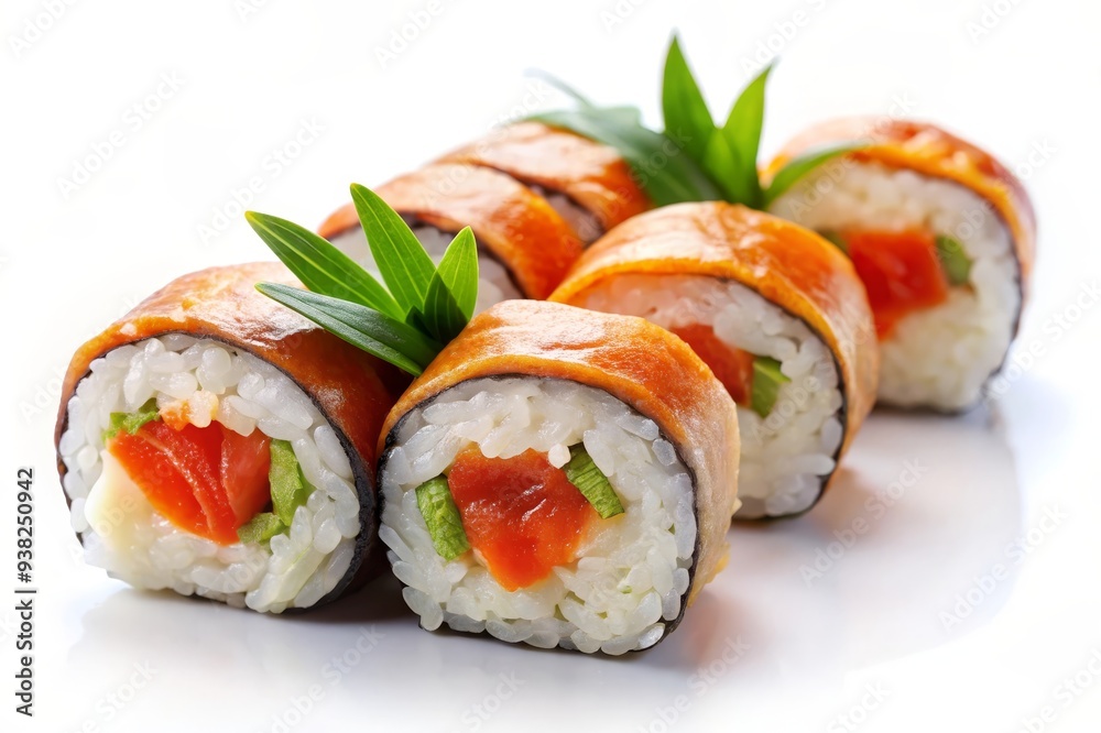 Delicious Salmon Sushi Rolls with Avocado and Cream Cheese - A close-up shot of fresh salmon sushi rolls with avocado and cream cheese, garnished with green onions. The rolls are arranged on a white p Delicious Salmon Sushi Rolls with Avocado and Cream Cheese - A close-up shot of fresh salmon sushi rolls with avocado and cream cheese, garnished with green onions. The rolls are arranged on a white p