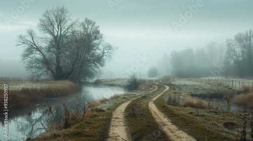 Misty Rural Landscape with Dirt Road and Tranquil River. AI generated illustration photo