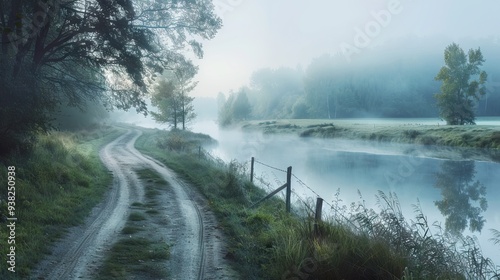 Misty Rural Landscape with Dirt Road and Tranquil River. AI generated illustration photo