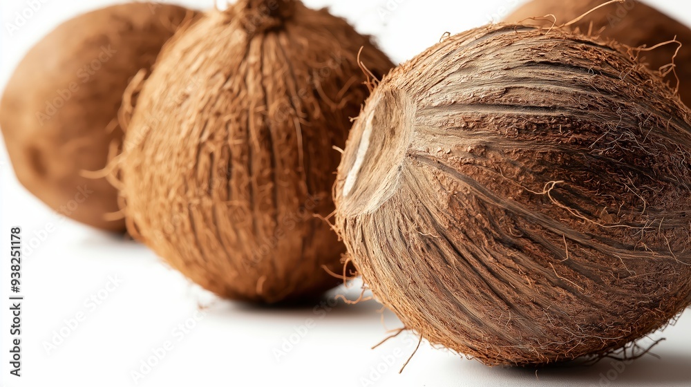 Close up of three coconuts with their outer shell, on a white background. Close up of three coconuts with their outer shell, on a white background.