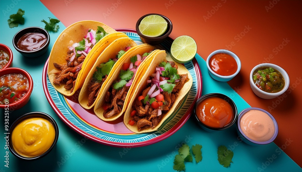 custom made wallpaper toronto digitalTacos Al Pastor on a Vibrant Mexican Background with an Assortment of Sauces