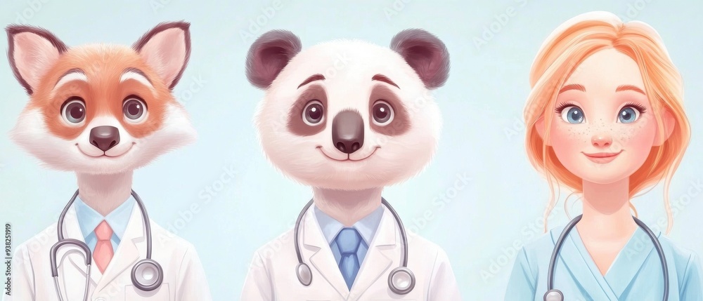 Three cartoon characters, a panda, a fox, and a woman Three cartoon characters, a panda, a fox, and a woman