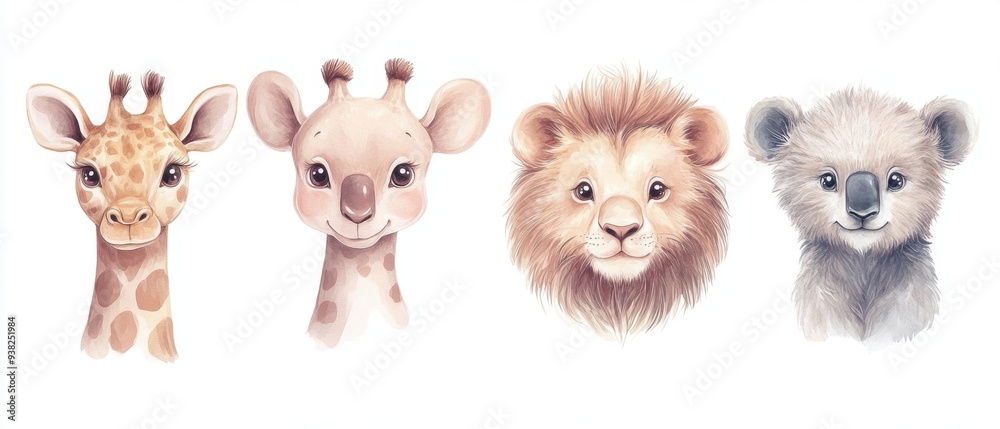 Four animal faces with giraffe on left, lion in middle, bear on right Four animal faces with giraffe on left, lion in middle, bear on right