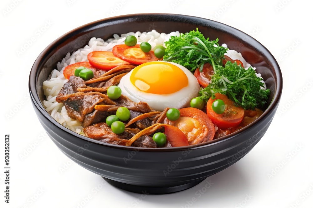 Delicious Japanese Rice Bowl with Fried Egg, Meat, and Vegetables - A bowl of Japanese rice topped with a fried egg, meat, green peas, sliced tomatoes, and fresh herbs, a balanced and delicious meal. Delicious Japanese Rice Bowl with Fried Egg, Meat, and Vegetables - A bowl of Japanese rice topped with a fried egg, meat, green peas, sliced tomatoes, and fresh herbs, a balanced and delicious meal.