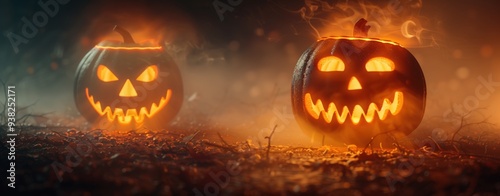 Two glowing jack-o-lanterns with eerie expressions surrounded by fog. spooky Halloween