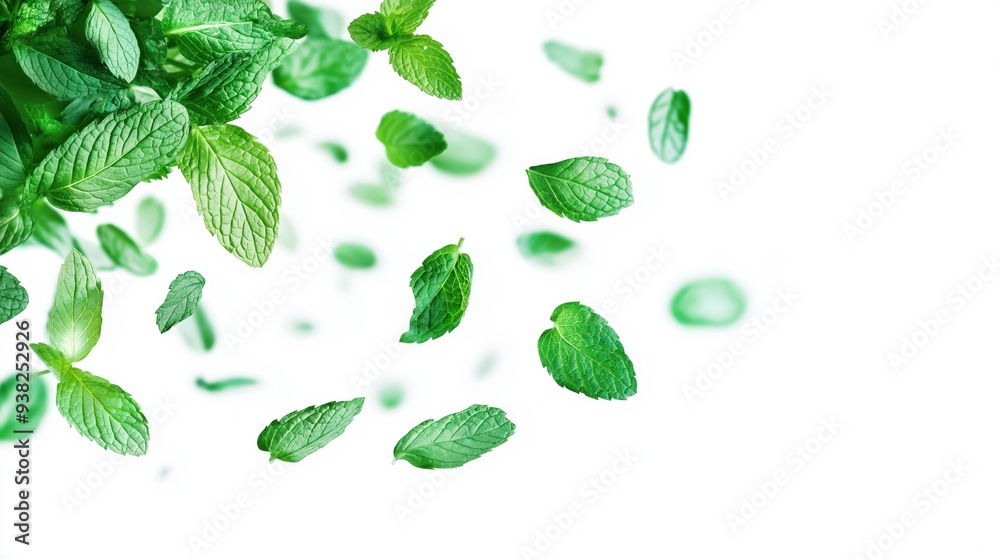 Fresh green mint leaves falling on white background. Fresh green mint leaves falling on white background.