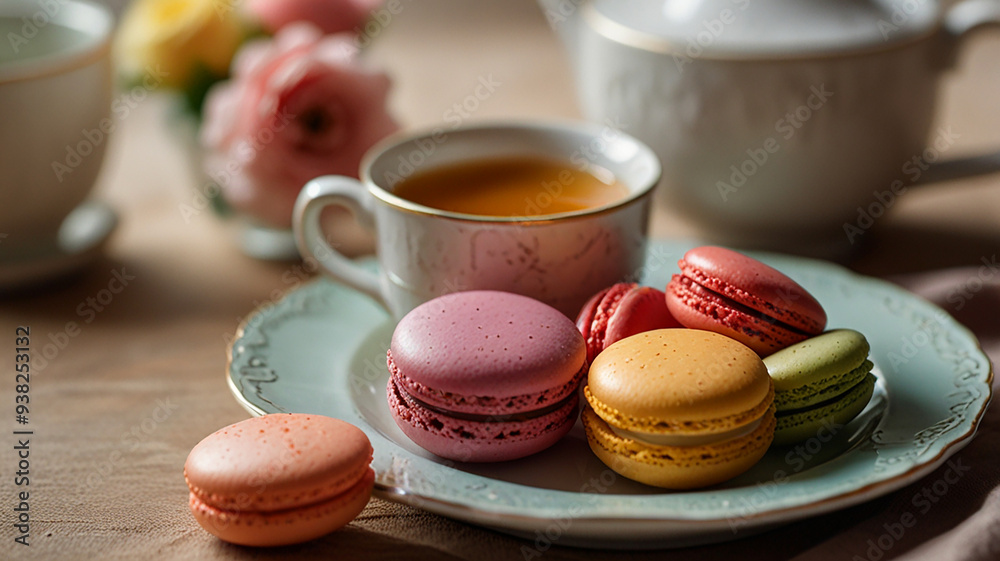 A Close-up Of Colorful French Macarons Arranged Neatly On A Delicate Plate, With A Cup Of Tea Beside Them, Food Image A Close-up Of Colorful French Macarons Arranged Neatly On A Delicate Plate, With A Cup Of Tea Beside Them, Food Image