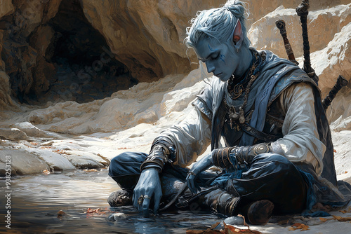reflective drow warrior with braided hair sitting by a calm stream in a sunlit grotto