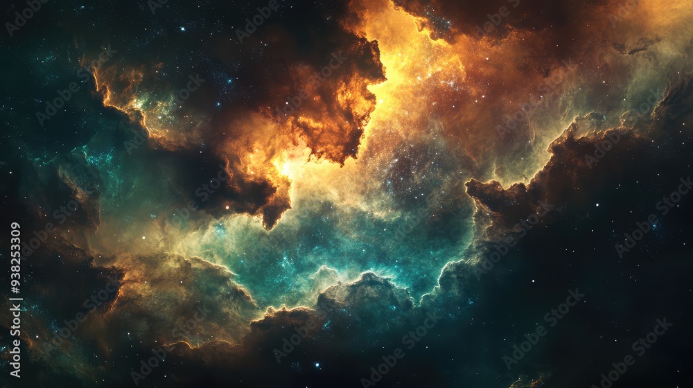 Fototapeta premium Abstract galactic textures featuring a mix of nebulous clouds and bright celestial formations in a dark, dramatic setting.