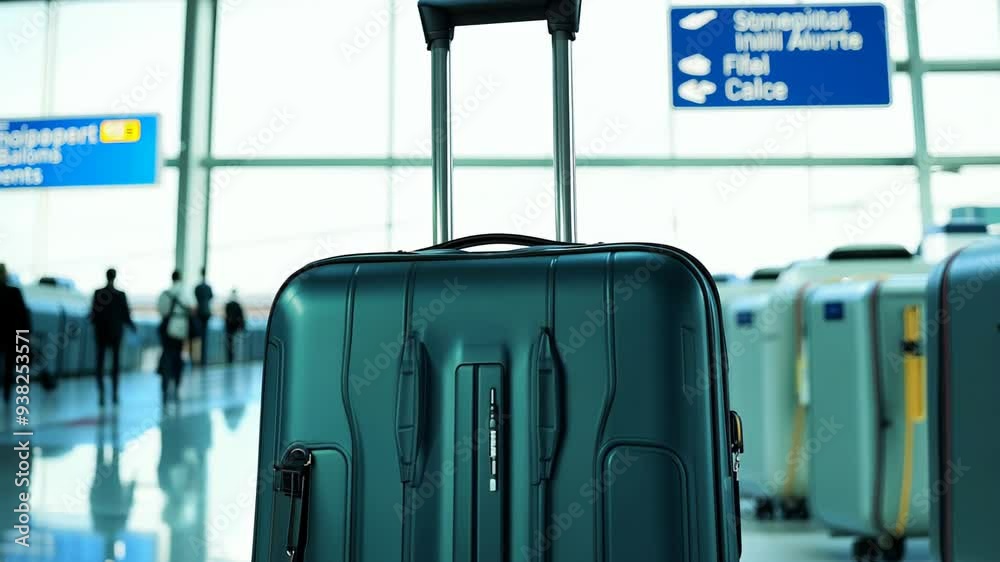 dark green suitcase standing upright in an airport terminal with signs and travelers in the background dark green suitcase standing upright in an airport terminal with signs and travelers in the background