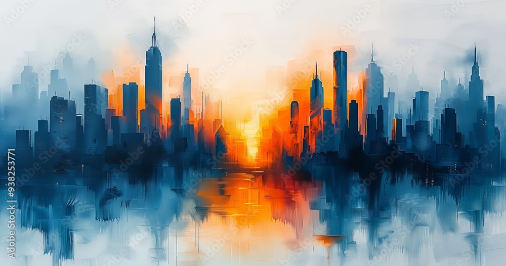 Abstract cityscape with tall buildings, minimalist painting in shades of blue and orange Abstract cityscape with tall buildings, minimalist painting in shades of blue and orange