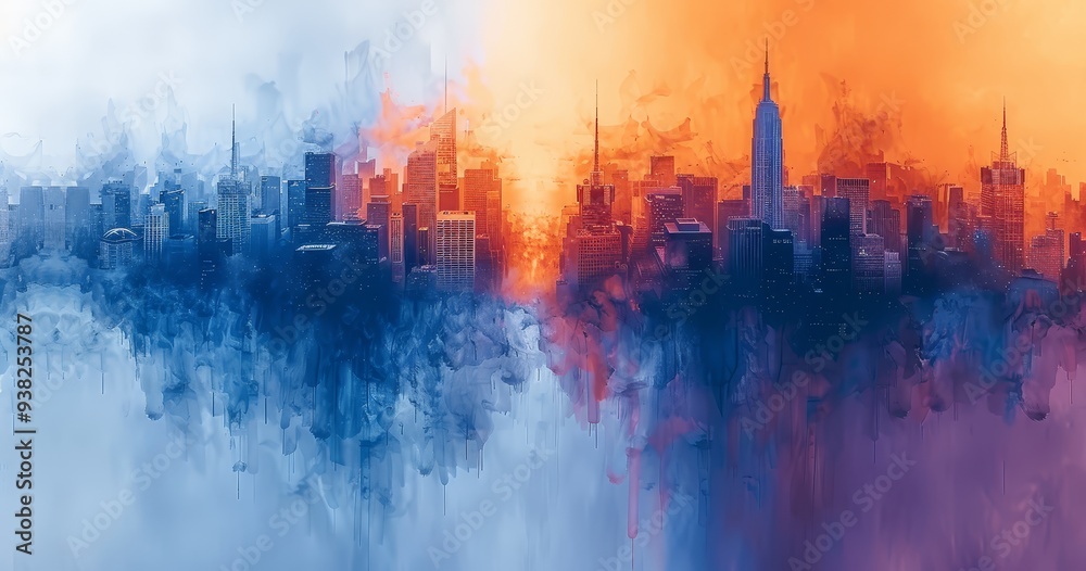Obraz premium Abstract cityscape with tall buildings, minimalist painting in shades of blue and orange 