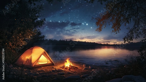 A glowing tent nestled by a bonfire, surrounded by the beauty of a starlit night.