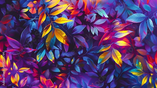 Iridescent leaves in a vivid, colorful pattern with blue, purple, yellow, and orange hues, featuring a glossy, neon texture and contrasting dark and light elements for a striking wallpaper design