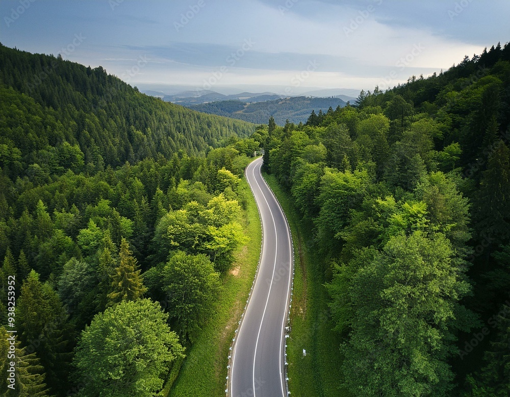 Top view from drone of road in woods. Beautiful landscape with roadway in hills Top view from drone of road in woods. Beautiful landscape with roadway in hills